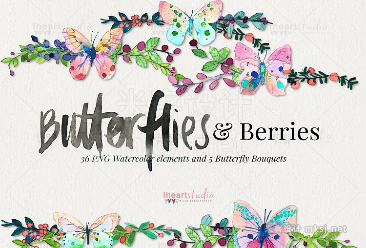 png素材 Butterflies Berries Watercolors