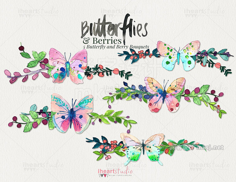 png素材 Butterflies Berries Watercolors