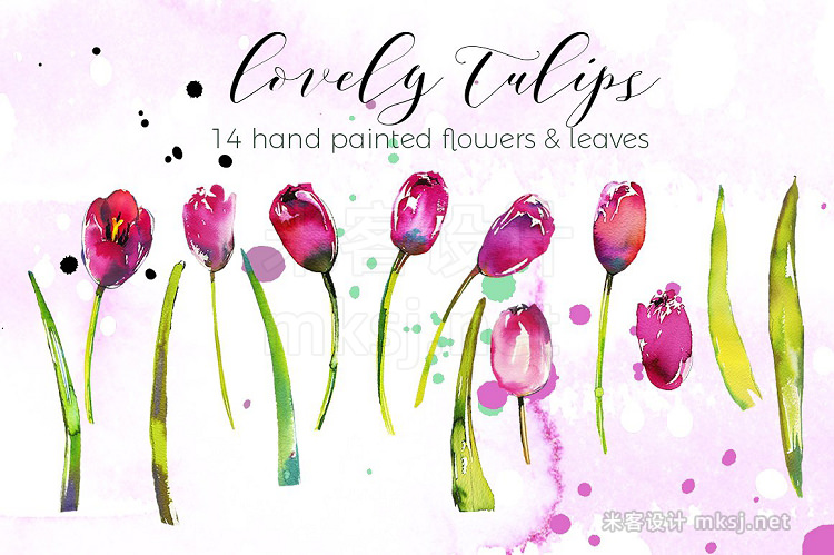 png素材 Pink Tulips Watercolor Floral Set