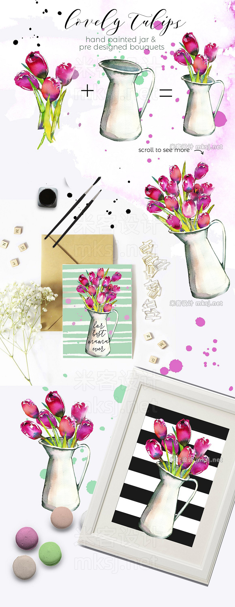 png素材 Pink Tulips Watercolor Floral Set