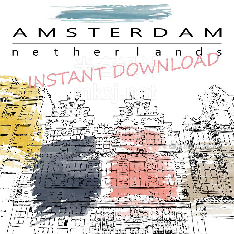 png素材 Amsterdam houses sketch illustration