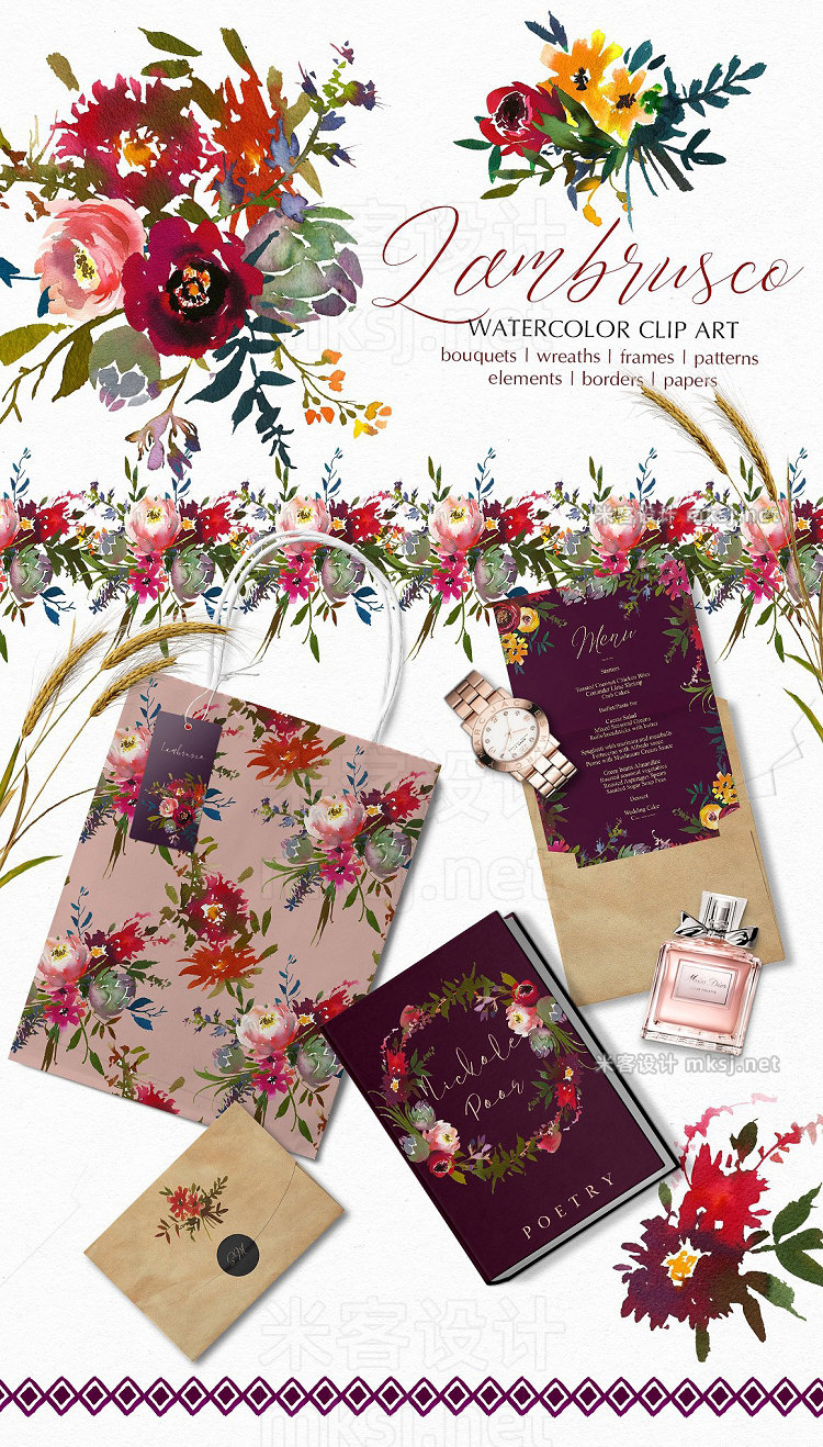 png素材 Bordo Watercolor Floral Clip Art Set