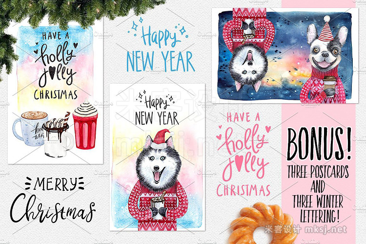 png素材 CHRISTMAS AND DOGS watercolor set