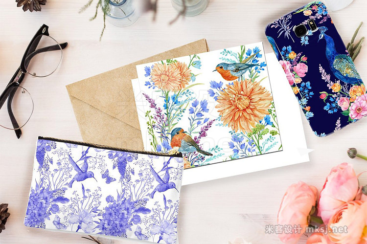 png素材 flowers and birds watercolor pattern