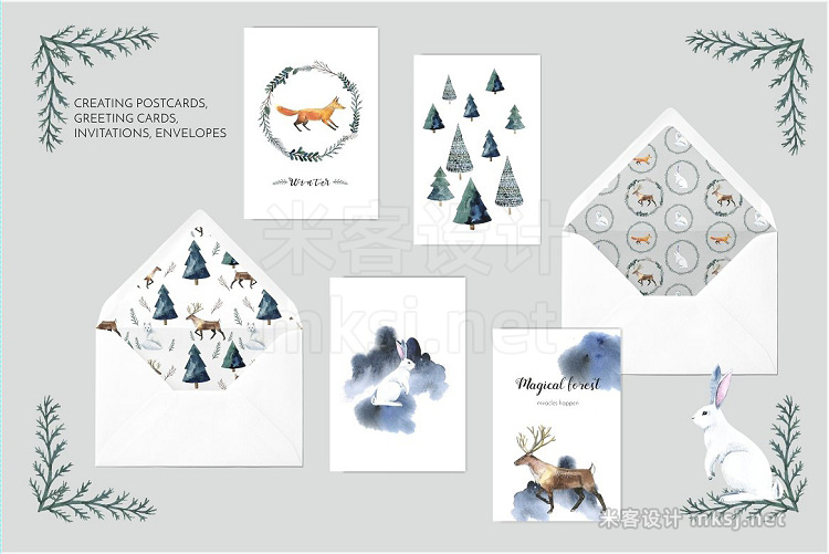 png素材 Watercolor set Magical winter forest