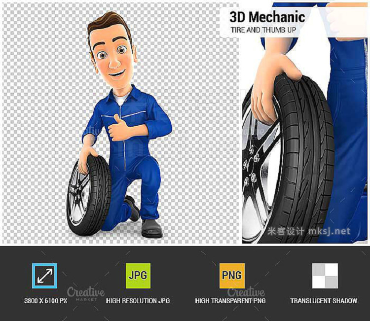 png素材 3D Mechanic with Tire and Thumb Up