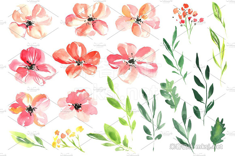 png素材 Fresh pink watercolor flowers set