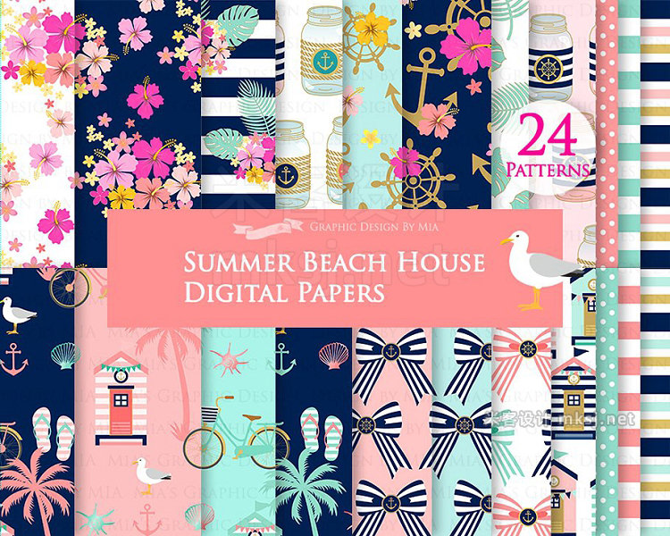 png素材 Beach House ClipartPattern set