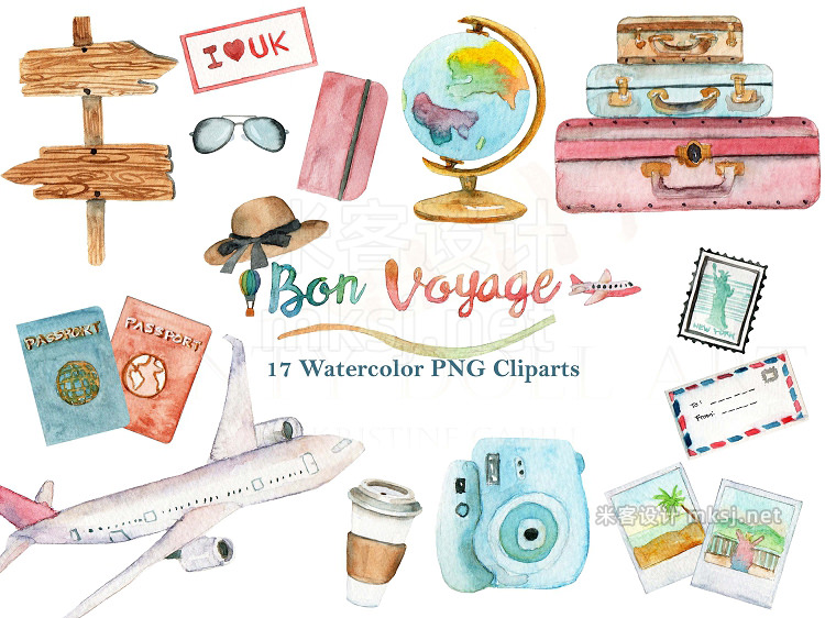 png素材 Watercolor Travel World Clipart Set