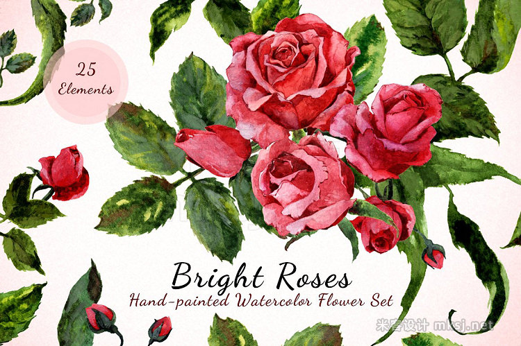 png素材 Bright Roses - Watercolor Floral Set