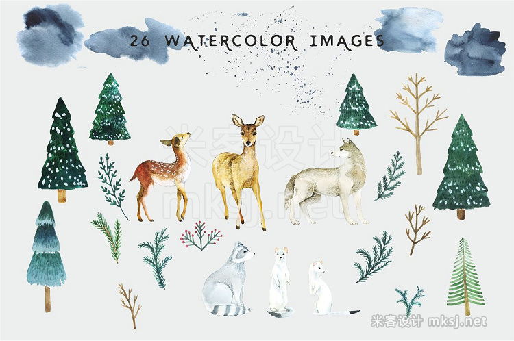 png素材 Watercolor set Magical winter forest