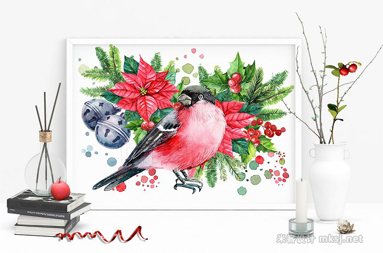 png素材 Winter birds and Floral illustration