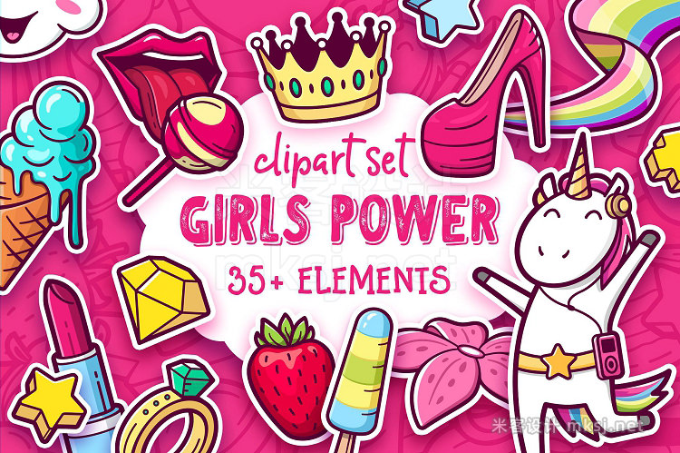 png素材 Girls Power Clipart and pattern set