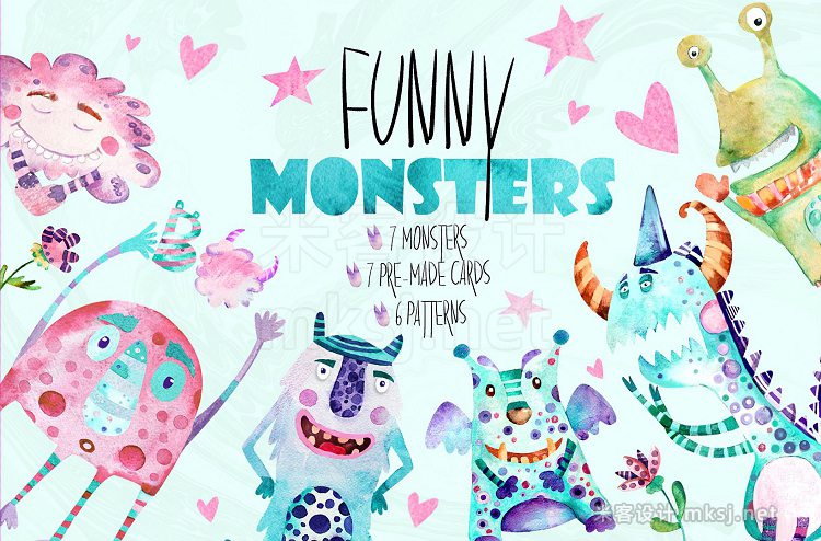 png素材 Funny Monsterswatercolor set