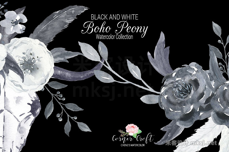 png素材 Watercolor Boho Peony Black White