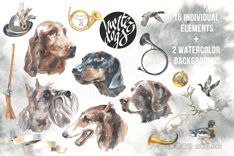 png素材 Hunter dogs Watercolor Set