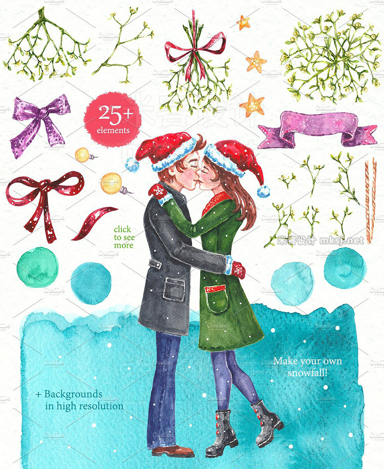 png素材 Christmas Mistletoe Watercolor Set