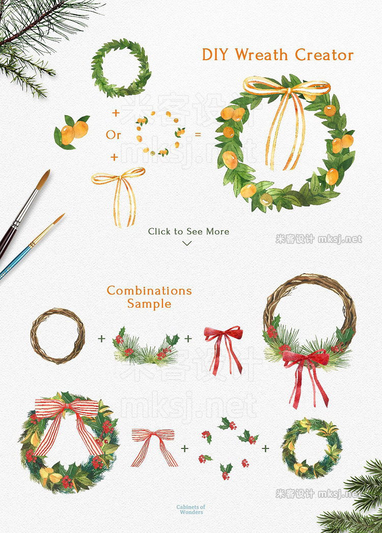 png素材 Holiday Wreath Watercolor Clipart