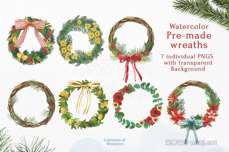 png素材 Holiday Wreath Watercolor Clipart