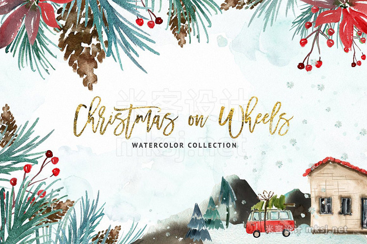 png素材 Watercolor Christmas on Wheels