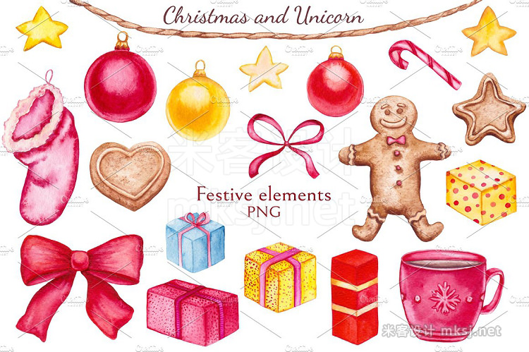 png素材 Watercolor Christmas and Unicorns