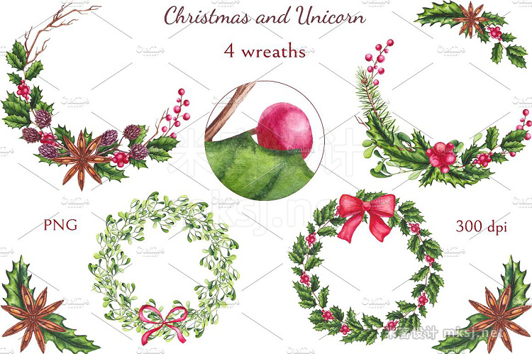 png素材 Watercolor Christmas and Unicorns