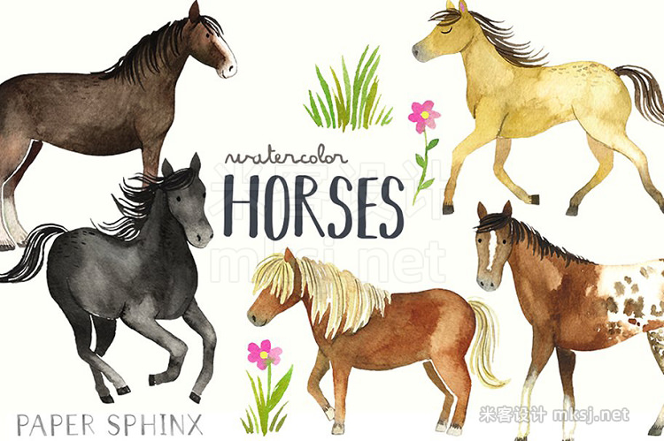 png素材 Watercolor Horses Clipart Pack