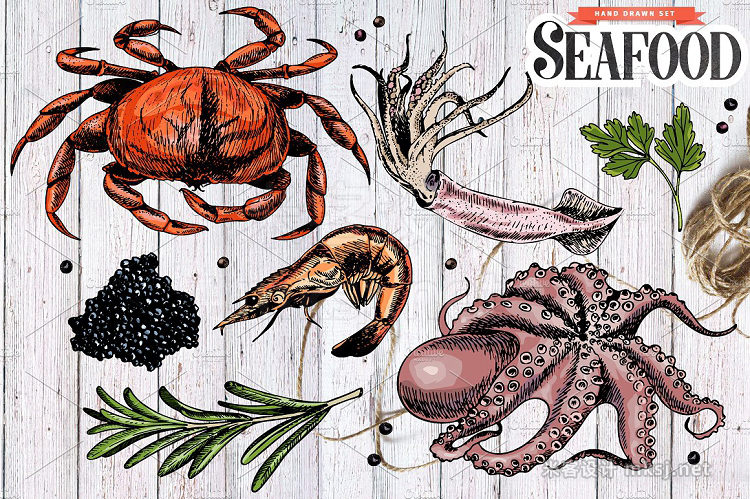 png素材 Seafood hand drawn colored set