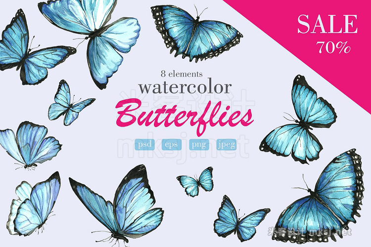 png素材 Set of watercolor blue butterflies