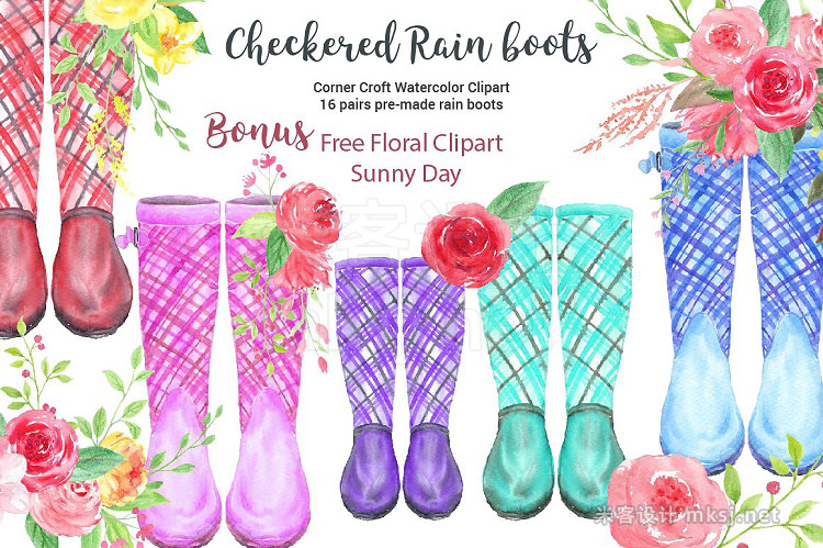 png素材 Watercolor Checkered Rain Boots