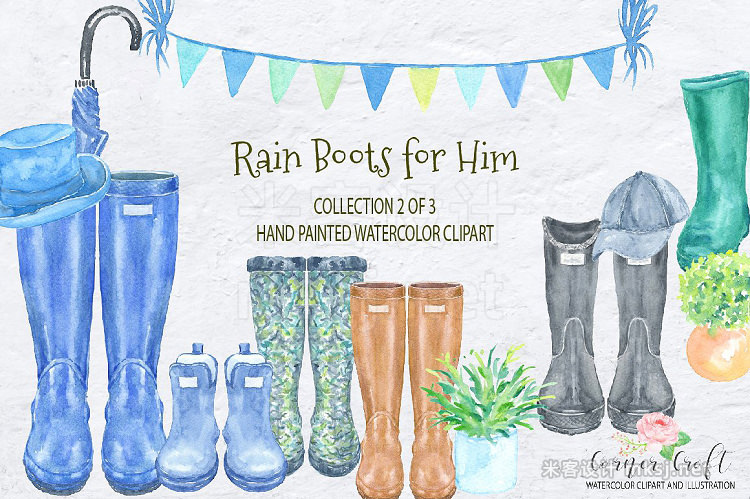 png素材 Watercolor Rain Boots for Him