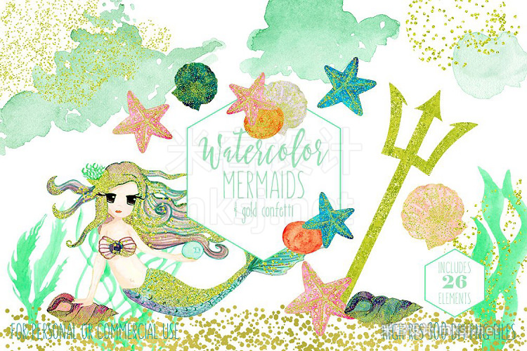 png素材 Mint Watercolor Mermaid Clipart