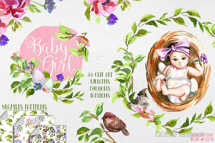 png素材 Baby shower girl birds and nest