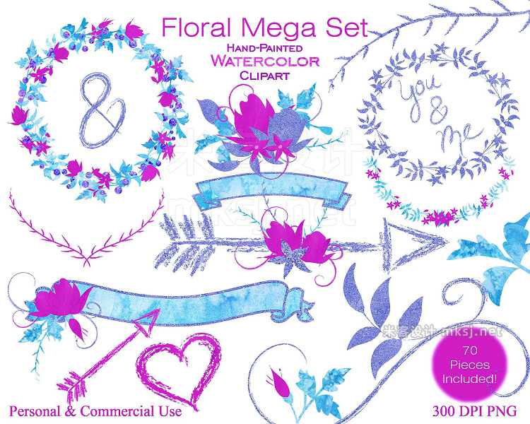 png素材 Pink Blue Watercolor Floral Set