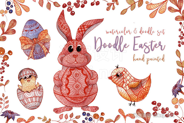 png素材 Doodle Easter Watercolor Set Clipart