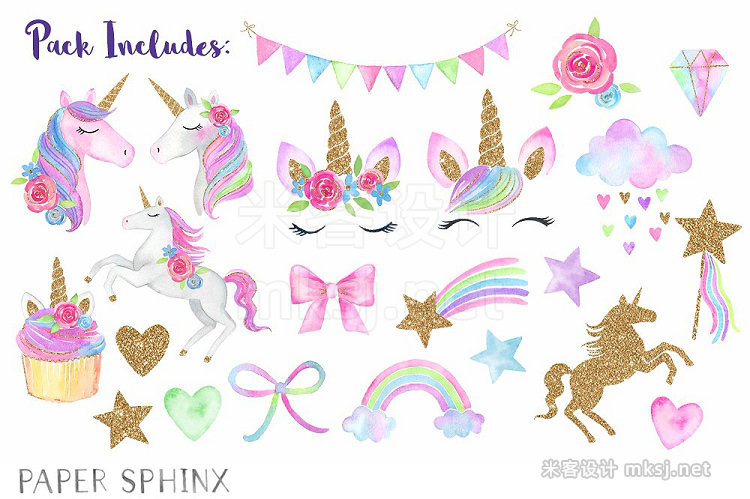 png素材 Watercolor Unicorn Party Clipart