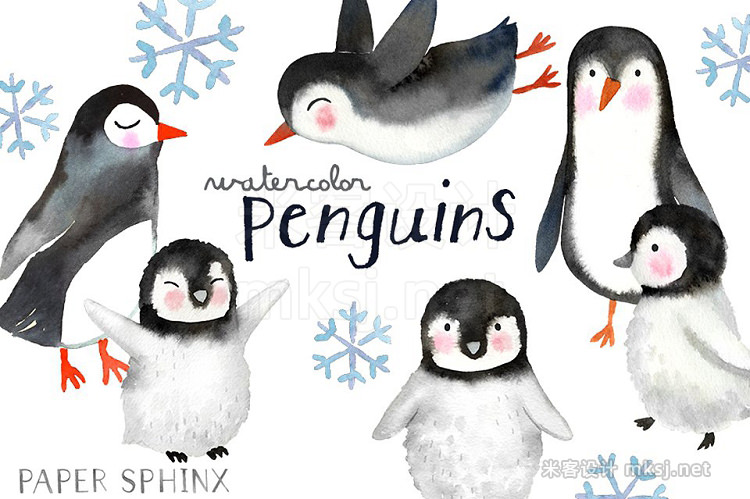 png素材 Watercolor Penguins Clipart