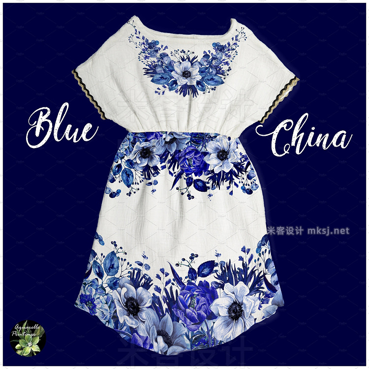 png素材 Blue China set 10 watercolor clipart