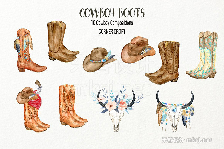 png素材 Watercolor Cowboy Boots Collection