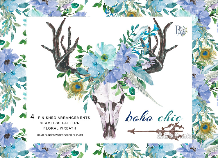 png素材 Watercolor Boho Chic Blue Set