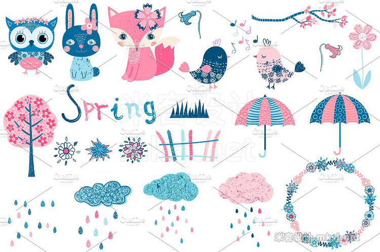 png素材 Cute spring clipart set with animals