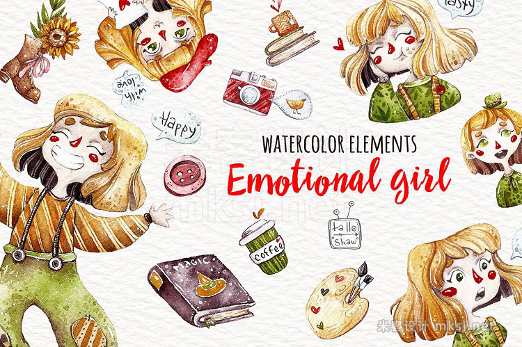 png素材 Watercolor Emotional Girl