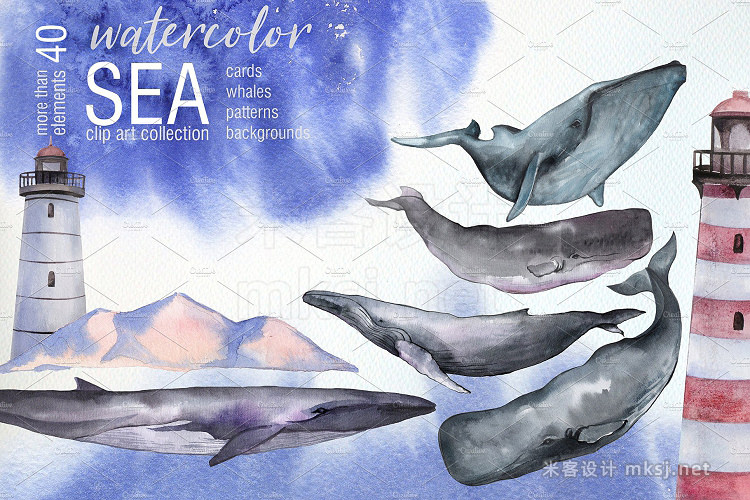 png素材 Watercolor Sea Whales clip art