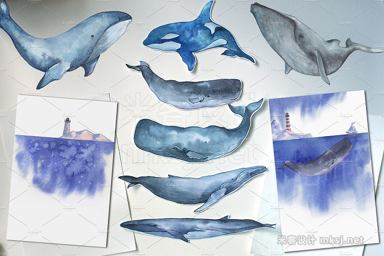 png素材 Watercolor Sea Whales clip art