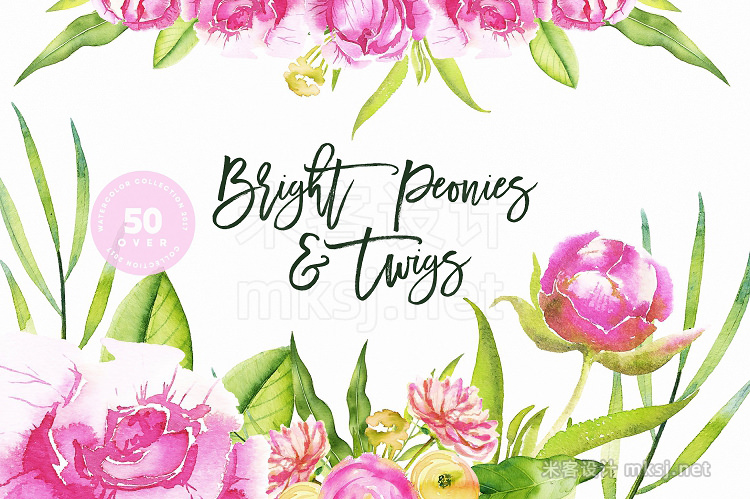 png素材 Watercolor Bright Peonies Twigs
