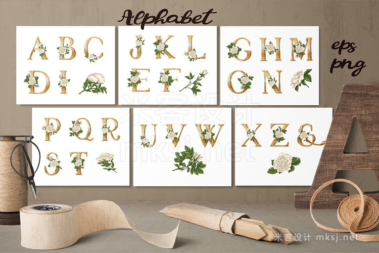 png素材 White Roses – Vector Alphabets Set