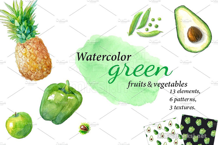 png素材 Watercolor green fruitsvegetables