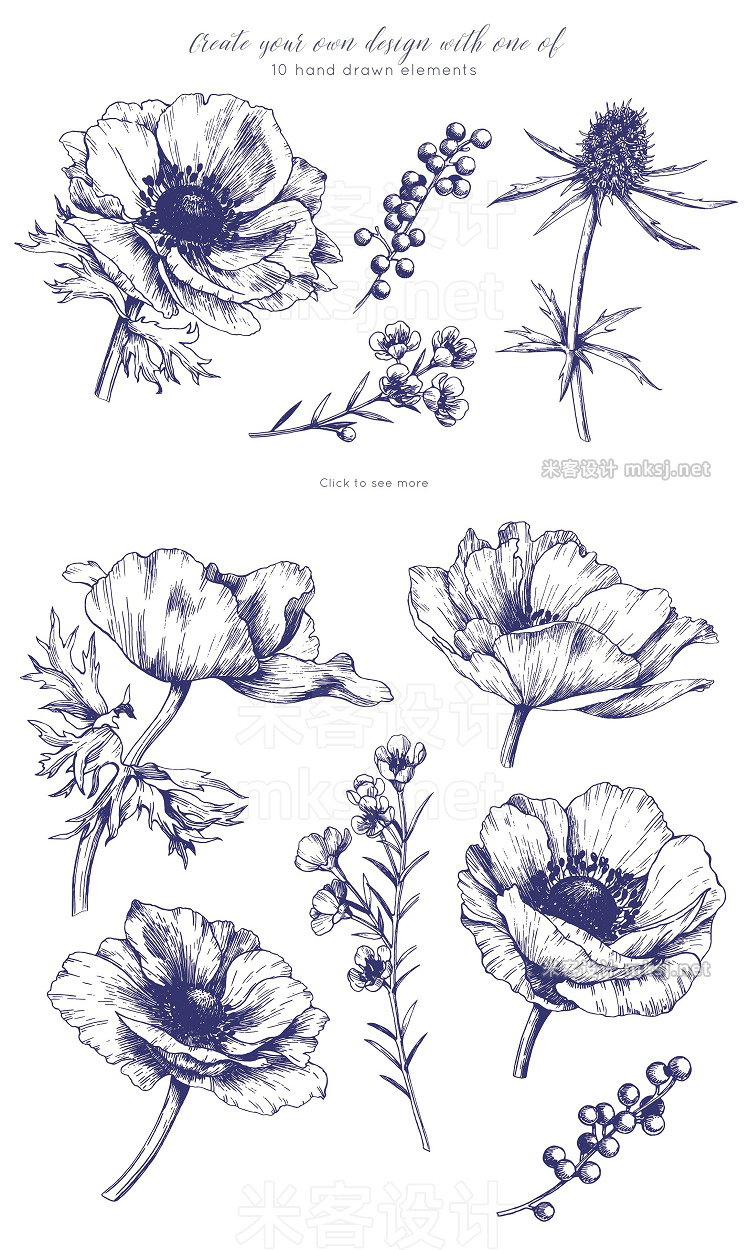 png素材 Ink anemone flowers set
