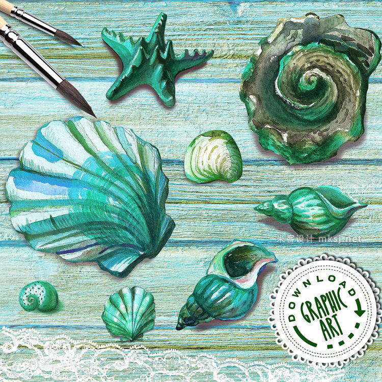 png素材 Watercolor clipart; Seashell wreath