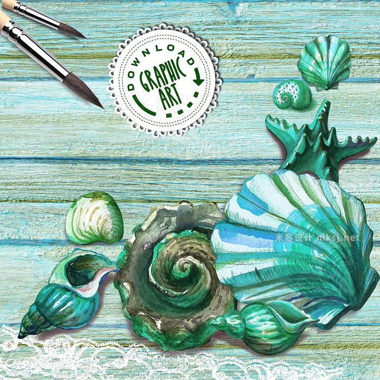 png素材 Watercolor clipart; Seashell wreath